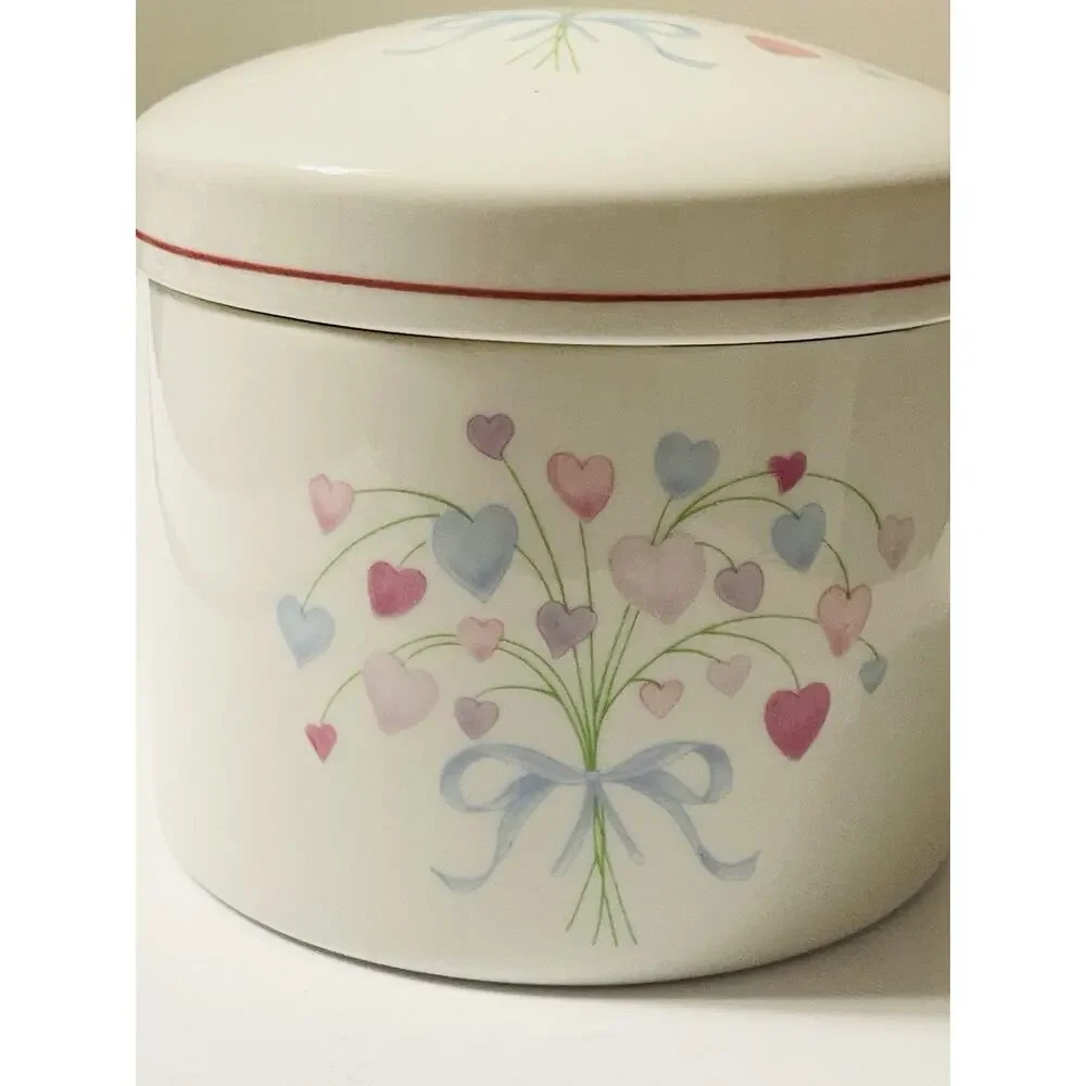 Vintage FTDA Vanity Jar Bouquet Of Hearts Porcelain Trinket Canister With Lid